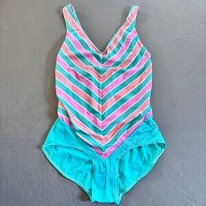 Vintage 70s Avon Fashion Striped One Piece Swimsuit Vtg Swimwear XS/Small